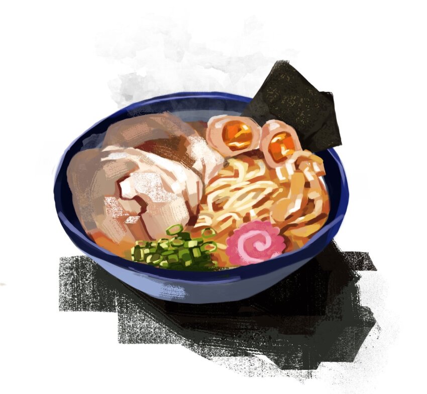 bowl chopped_spring_onion commentary egg food food_focus kamaboko narutomaki no_humans noodles nori_(seaweed) original ramen spouons symbol-only_commentary