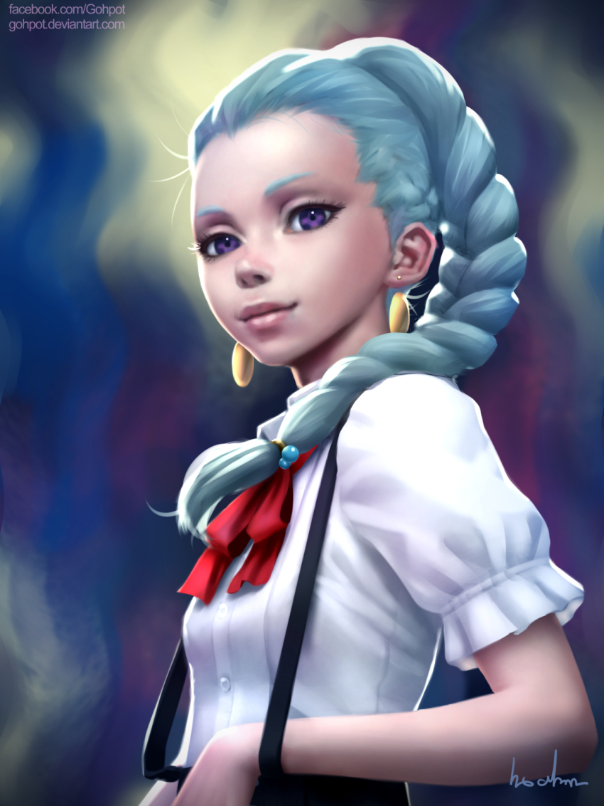 10s 1girl aqua_hair backlighting braid death_parade earrings eyebrows eyelashes female_focus gohpot hair_over_shoulder hair_tie highres jewelry long_hair neck_ribbon nona_(death_parade) purple_eyes realistic ribbon signature single_braid smile solo suspenders watermark web_address