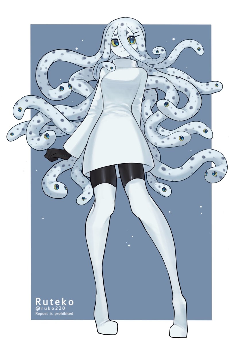1girl black_skin blue_background blue_eyes border closed_mouth colored_sclera colored_skin full_body hair_ornament hairclip highres long_sleeves looking_at_viewer monster_girl original ruteko_(ruko220) snake snake_hair solo standing sweater thighhighs twitter_username white_border white_skin white_snake white_sweater white_thighhighs yellow_sclera zettai_ryouiki