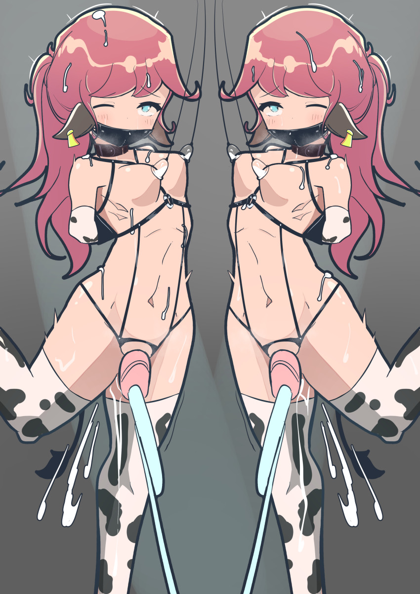 2girls absurdres animal_ears animeretrograde bdsm bondage bound cow_ears cow_girl cum highres human_cattle milking milking_machine multiple_girls ponytail sex_toy siblings sisters slave sweat twins vibrator