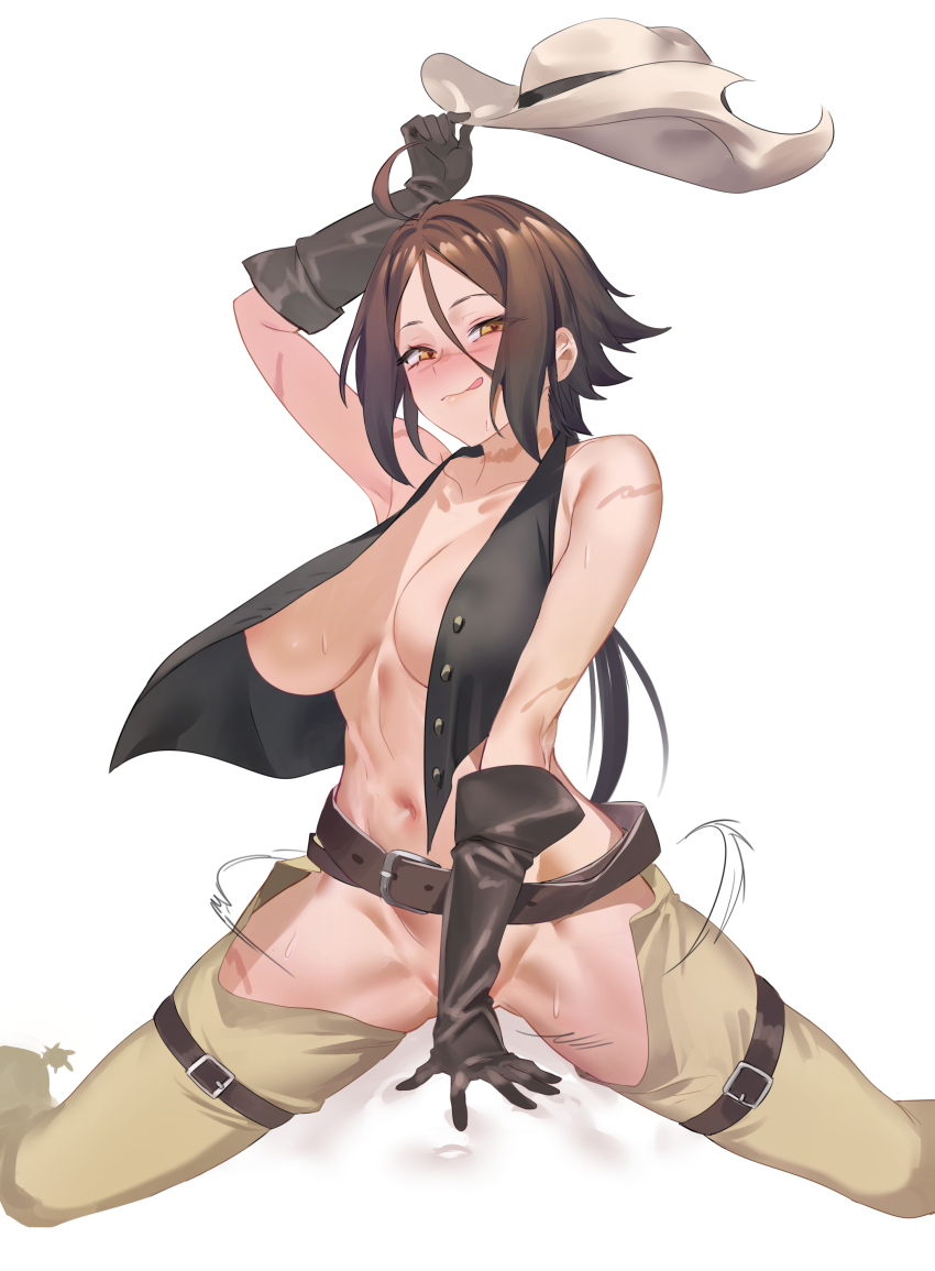 1girl absurdres belt blush breasts chaps convenient_censoring cowboy_hat cowgirl_position das_(dan_dan) elbow_gloves fate/grand_order fate_(series) gloves hat heart heart-shaped_pupils highres holding holding_unworn_clothes holding_unworn_hat large_breasts no_bra no_panties open_clothes open_vest simple_background straddling sugitani_zenjubou_(fate) symbol-shaped_pupils thigh_strap tongue tongue_out unworn_hat unworn_headwear vest white_background