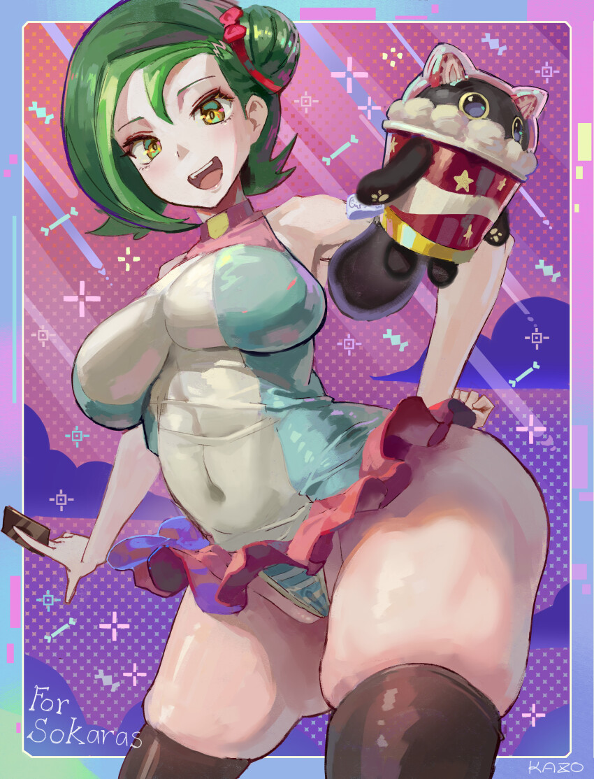 1girl absurdres ass breasts card cupsie_yummy duel_monster green_hair hair_bun highres kazo_(kazozakazo) large_breasts mizuki_kotori_(yu-gi-oh!) open_mouth panties pantyshot ribbon thick_thighs thighhighs thighs underwear watermark yellow_eyes yu-gi-oh! yu-gi-oh!_zexal