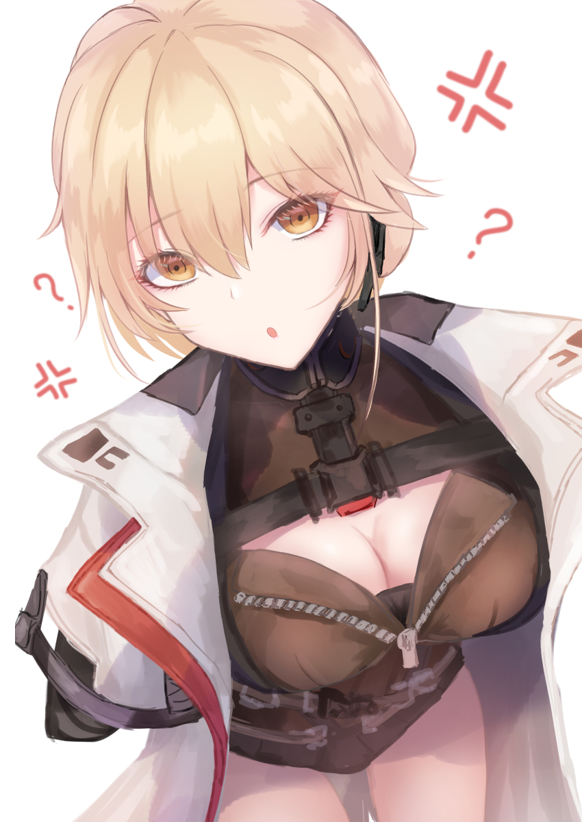 1girl :o ? absurdres anger_vein arms_behind_back black_vest blonde_hair breasts cleavage coat commentary_request from_above girls&#039;_frontline girls&#039;_frontline_2:_exilium groza_(girls&#039;_frontline_2) hair_between_eyes headset highres jacket long_hair looking_at_viewer looking_up martinreaction medium_breasts open_clothes open_jacket ots-14_(girls&#039;_frontline) partially_unzipped solo very_long_hair vest white_coat yellow_eyes