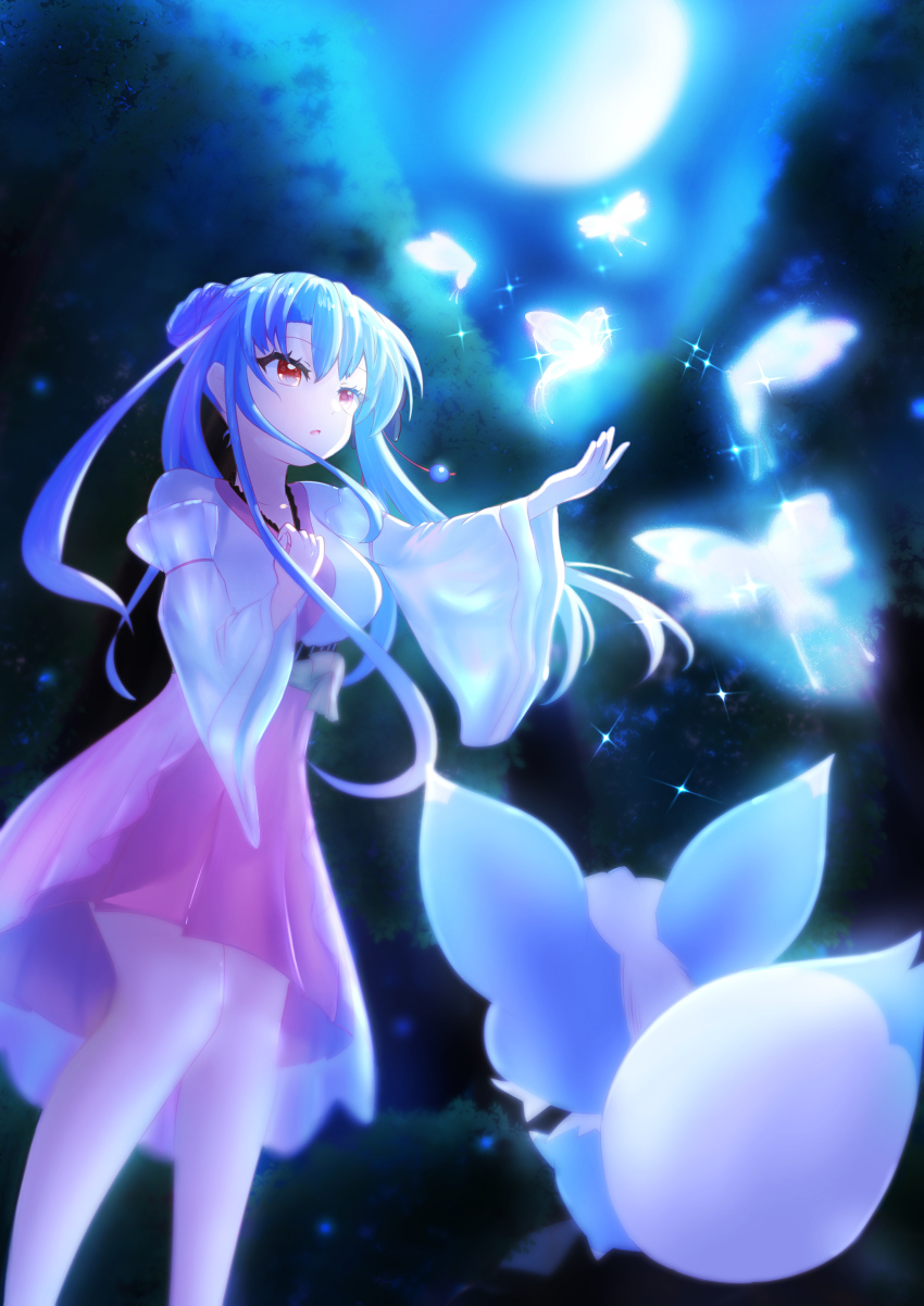 1girl absurdres animal_ears blue_butterfly blue_hair blurry blurry_background breasts bug butterfly clenched_hand commentary_request drawing_kaityo eyelashes feet_out_of_frame floating_hair forest from_below glowing_butterfly hair_between_eyes hair_bun hands_up high-waist_skirt highres inari_(summer_pockets) insect japanese_clothes kimono large_breasts long_hair long_sleeves looking_at_another moon nature night nontraditional_miko official_alternate_costume open_mouth outdoors pink_skirt red_eyes sidelighting sidelocks single_hair_bun skirt solo sorakado_ao sparkle standing summer_pockets white_kimono wide_sleeves