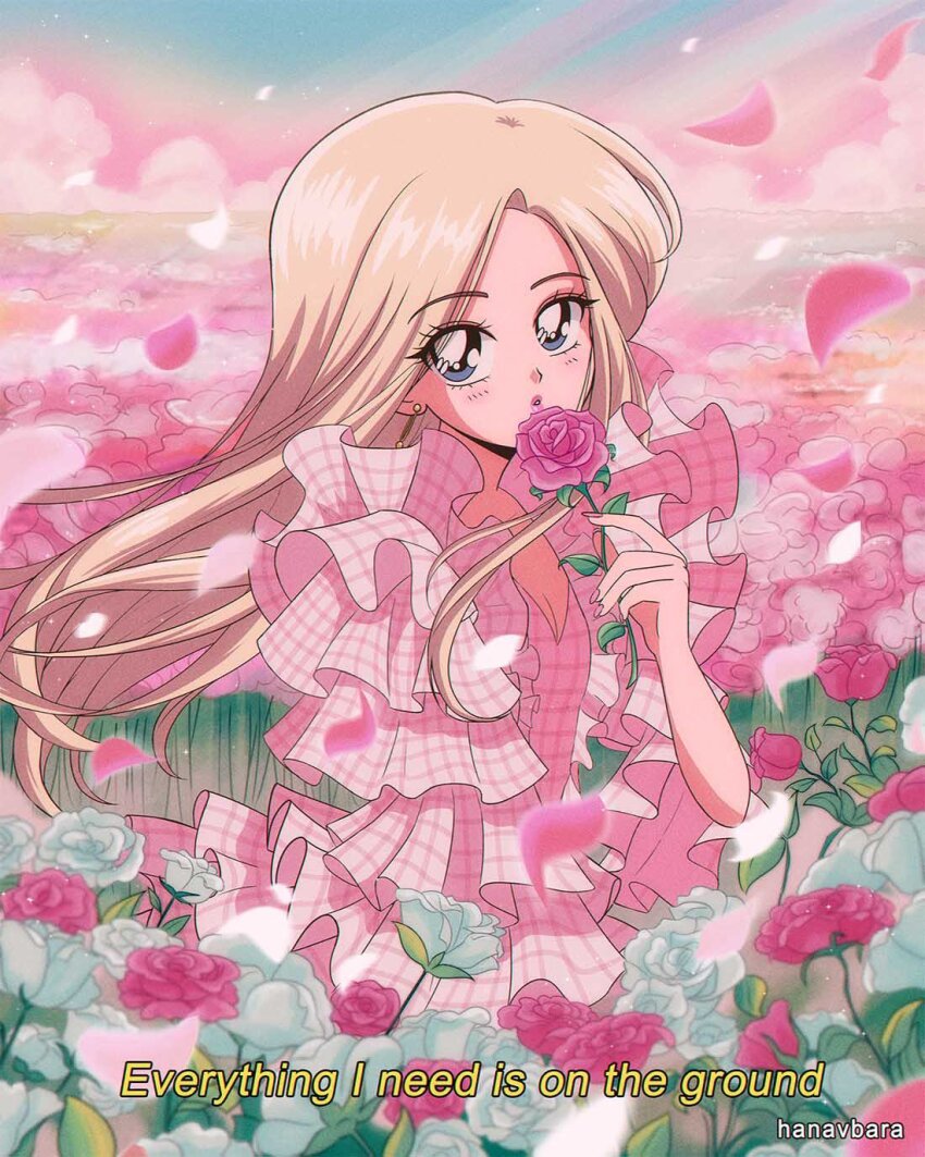 1990s_(style) 1girl artist_name blackpink blonde_hair blue_eyes blush commentary dress english_commentary falling_petals field floating_hair flower flower_field frilled_dress frilled_sleeves frills hanavbara highres holding holding_flower k-pop long_hair looking_at_viewer lyrics petals pink_dress pink_flower pink_lips pink_rose real_life retro_artstyle rose rose_(blackpink) solo