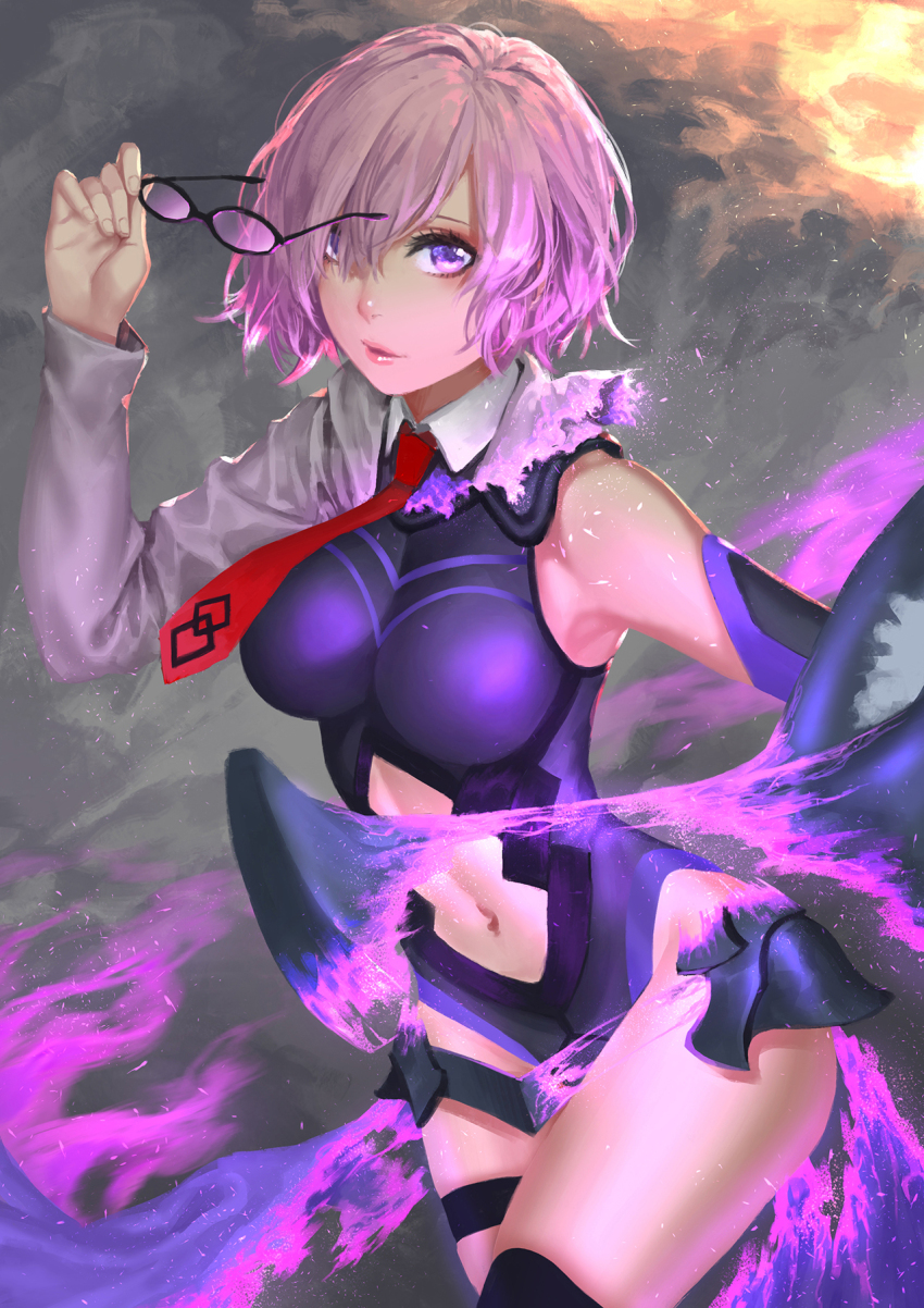 1girl bare_shoulders black_leotard black_thighhighs breasts clothing_cutout elbow_gloves fate/grand_order fate_(series) glasses gloves grey_jacket hair_over_one_eye highleg highleg_leotard highres jacket large_breasts leotard long_sleeves looking_at_viewer lord_camelot_(fate) mash_kyrielight mash_kyrielight_(demi-servant) navel navel_cutout necktie pink_hair purple_eyes purple_gloves shield short_hair thigh_strap thighhighs thighs yand