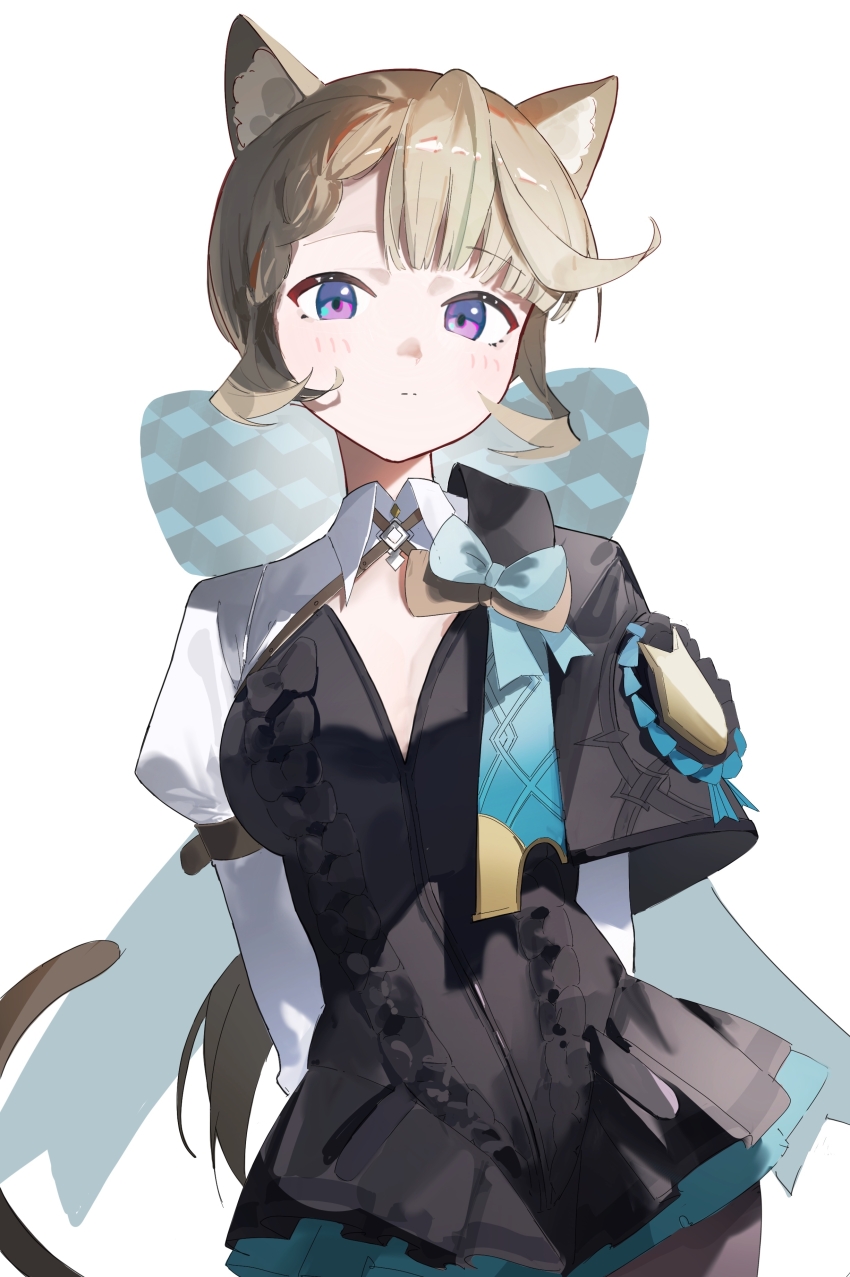 1girl absurdres animal_ears aqua_bow arms_behind_back black_leotard black_pantyhose bow cat_ears cat_girl cat_tail frilled_leotard frills genshin_impact grey_hair hair_bow highres leotard long_sleeves looking_at_viewer lynette_(genshin_impact) pantyhose purple_eyes shuxiuxiao solo tail upper_body white_background