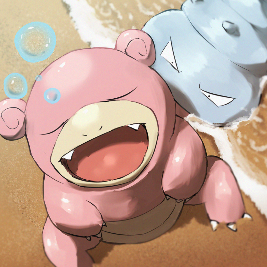 absurdres beach bubble closed_eyes day fangs gen_1_pokemon highres nintendo no_humans open_mouth outdoors pink_fur pokemon pokemon_(creature) sand sitting slowbro solo spicyichizo water