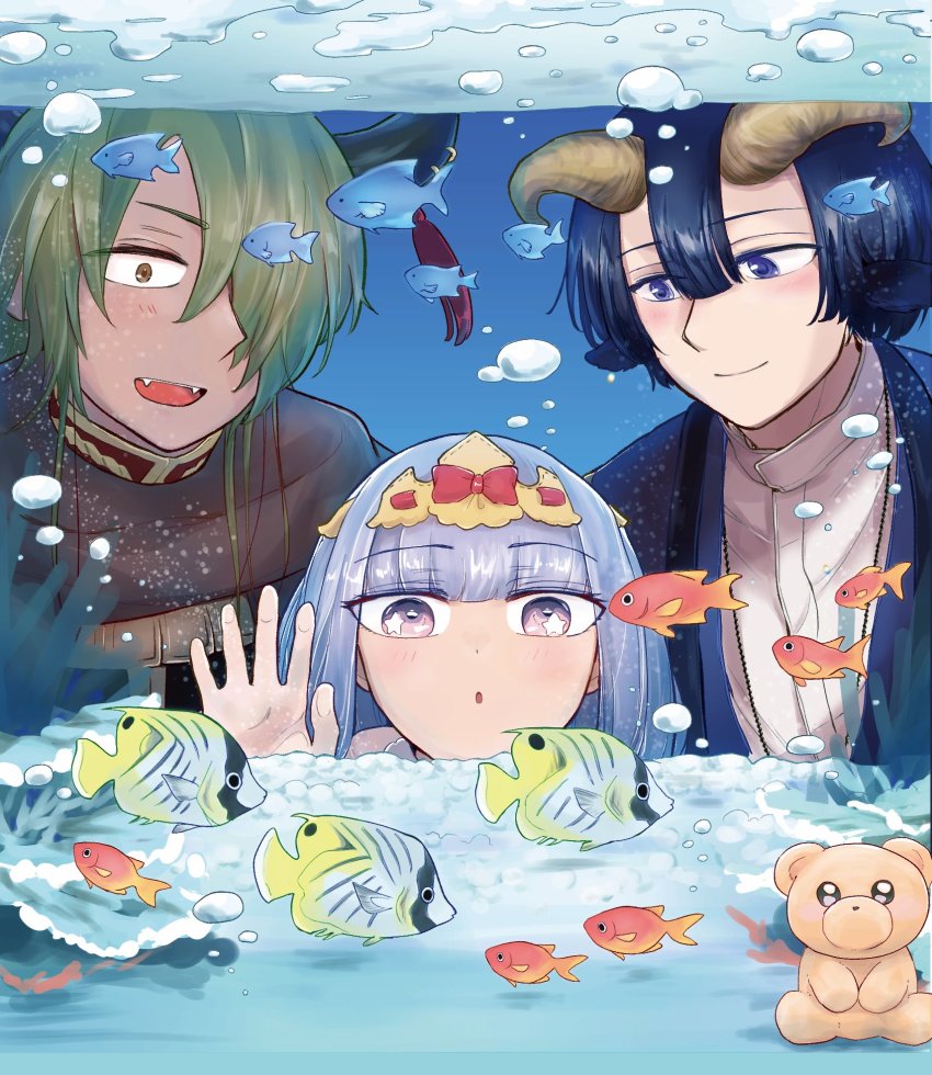 1girl 2boys animal_ears aurora_sya_lis_kaymin blue_eyes blue_hair brown_eyes commentary_request demon_cleric demon_horns demon_king_tasogare fish fish_tank goat_ears goat_horns green_hair highres horns long_hair maou-jou_de_oyasumi multiple_boys open_mouth purple_eyes purple_hair short_hair smile star-shaped_pupils star_(symbol) stuffed_animal stuffed_toy symbol-shaped_pupils teddy_bear tropical_fish yostuba0704