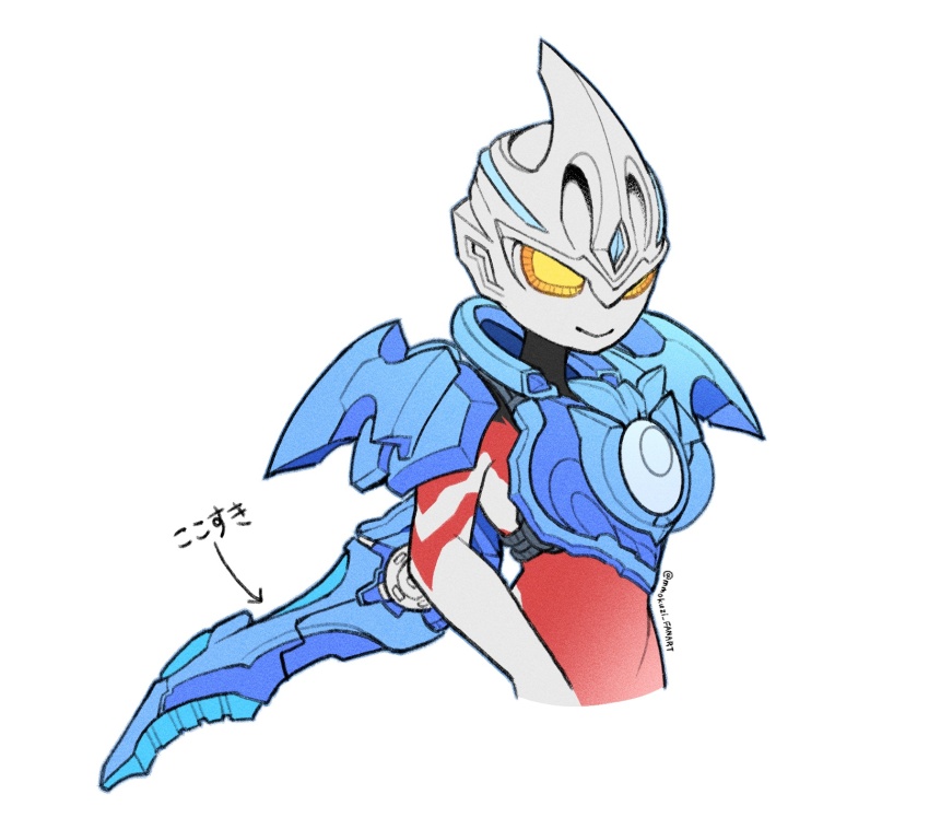 1boy alien armor black_skin blue_armor blue_gemstone colored_skin cropped_arm cropped_torso forehead_jewel gem highres luna_armor male_focus mokuzi multicolored_skin no_pupils power_armor red_skin silver_skin simple_background smile solo tokusatsu translation_request twitter_username ultra_series ultraman_arc ultraman_arc_(series) white_background yellow_eyes