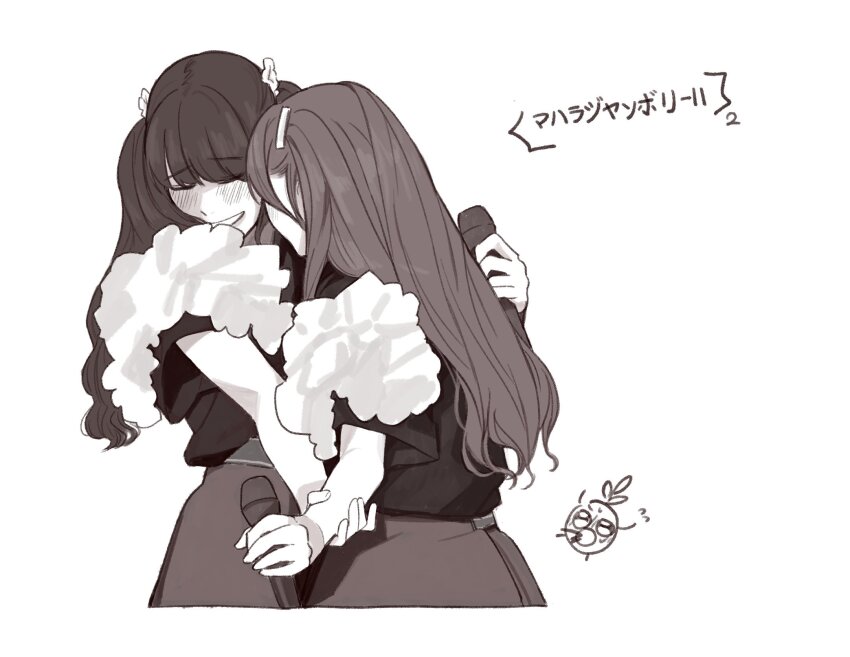 2girls 4th_live_dream_~bloom_the_dream_believers~ animification basil_(wgh0anzdple3asf) blush closed_eyes commentary flying_sweatdrops greyscale grin hasu_no_sora_school_uniform highres holding holding_another&#039;s_arm holding_microphone kan_kanna link!_like!_love_live! long_hair love_live! mahara_jamboree_ii microphone mira-cra_park! monochrome multiple_girls pleated_skirt real_life school_uniform shirt shirt_flower short_sleeves skirt smile song_name t-shirt tsukine_kona two_side_up u_u voice_actor winter_uniform yuri