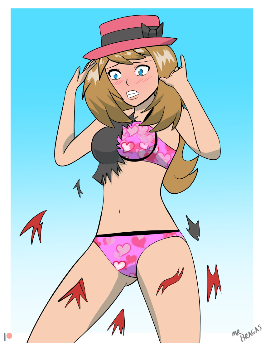 absurdres blue_background blue_eyes blush bra breasts creatures_(company) embarrassed game_freak hat heart heart_bra heart_panties heart_print highres mrbragas navel nintendo panties pink_bra pink_hat pink_panties pokemon pokemon_(anime) pokemon_xy_(anime) print_panties serena_(pokemon) torn_clothes underwear underwear_only