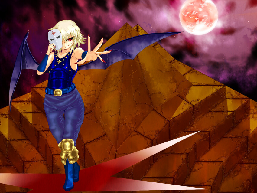 1girl alternate_hair_color armor armored_boots bare_shoulders bat_wings belt blonde_hair blue_armor blue_boots blue_pants boots bracer cosplay emblem highres hokuto_no_ken kcajonama m.u.g.e.n moon night one_eye_covered open_hand pants pyramid_(structure) reaching reaching_towards_viewer red_eyes red_moon red_nails remilia_scarlet seitei_jujiryou short_hair smile solo souther souther_(cosplay) stone_mask_(jojo) white_mask wings