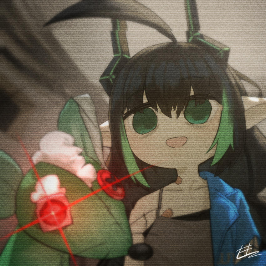 1girl ahoge bandaid bandaid_on_chest bandaid_on_neck black_hair black_horns blue_jacket button_eyes buttons camisole elf elfinpsyop elzielai gradient_hair green_eyes green_hair grey_camisole highres horns huge_ahoge indie_virtual_youtuber jacket multicolored_hair open_mouth pointy_ears solo stuffed_animal stuffed_mouse stuffed_toy virtual_youtuber