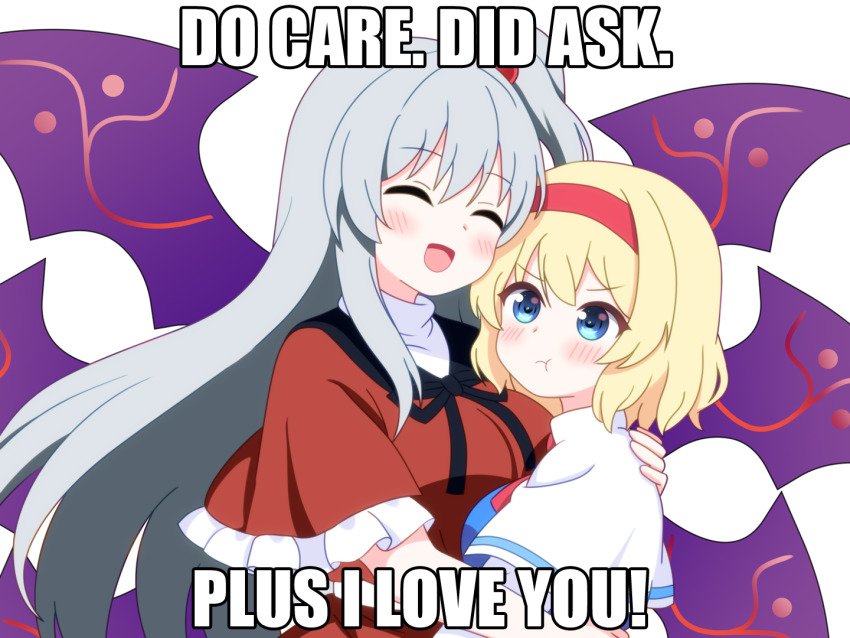 2girls :t ^_^ alice_margatroid blue_eyes blush bnelsey capelet closed_eyes closed_mouth commentary don&#039;t_care_didn&#039;t_ask_(meme) english_commentary english_text grey_hair hairband impact_(font) long_hair looking_at_another meme multiple_girls open_mouth pout red_hairband red_shirt shinki_(touhou) shirt short_hair sidelocks smile touhou touhou_(pc-98) upper_body very_long_hair white_capelet wings