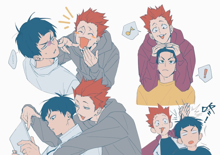 ! ... 2boys 8k_oxo7410 annoyed black_hair black_shirt blunt_bangs blush_stickers cheek_poking chinese_commentary collared_jacket commentary_request crew_neck fingernails goshiki_tsutomu grey_hoodie haikyuu!! hands_on_another&#039;s_head highres holding hood hood_down hoodie jacket looking_down looking_up male_focus multiple_boys multiple_views musical_note no_pupils open_clothes open_jacket open_mouth poking popped_collar purple_hoodie red_hair shirt short_hair simple_background speech_bubble spiked_hair spoken_ellipsis spoken_exclamation_mark spoken_musical_note teeth tendou_satori track_jacket upper_teeth_only white_background white_eyes white_jacket yellow_shirt