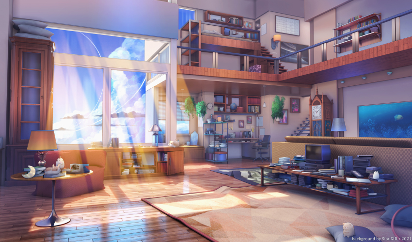 3d aquarium bed book book_stack cabinet clock cloud cup cushion desk grandfather_clock highres indoors lamp light_rays mezzanine nikki_(series) no_humans railing rug scenery shelf shining_nikki sitai_xiii sky stairs sunbeam sunlight table television wall_clock window wooden_floor