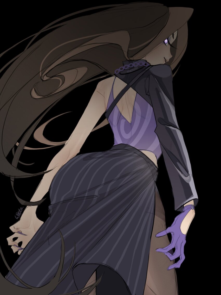 1girl ass back_cutout black_background black_shrug black_skirt bright_pupils brown_hair chain choker clothing_cutout commentary cowboy_shot darcy_(winx_club) expressionless fingernails floating_clothes floating_hair from_below gloves grey_pantyhose highres kneepits lips long_hair long_sidelocks long_skirt long_sleeves looking_at_viewer looking_back midriff multicolored_hair nail_polish pantyhose parted_lips pink_lips pleated_skirt purple_eyes purple_gloves purple_nails purple_tank_top see-through_pantyhose sharp_fingernails shoulder_blades shrug_(clothing) side_slit sidelocks signature simple_background single_glove single_sleeve skirt solo streaked_hair striped_clothes striped_skirt symbol-only_commentary tank_top turtleneck_shrug vertical-striped_clothes vertical-striped_skirt very_long_hair white_pupils wikate winx_club
