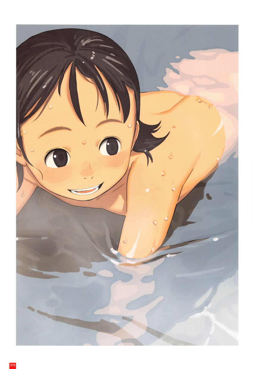 1girl back brown_eyes brown_hair female_focus highres loli matching_hair/eyes nude onsen open_mouth original short_hair solo takamichi wet