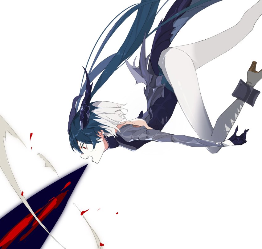 1girl blue_hair dragon_girl dragon_horns dragon_tail earrings energy_blast gloves gradient_clothes grey_background half_gloves high_heels highres horns jewelry long_hair multicolored_hair open_mouth original purple_gloves red_eyes scales simple_background solo tail teeth turtleneck twintails viiiper white_hair