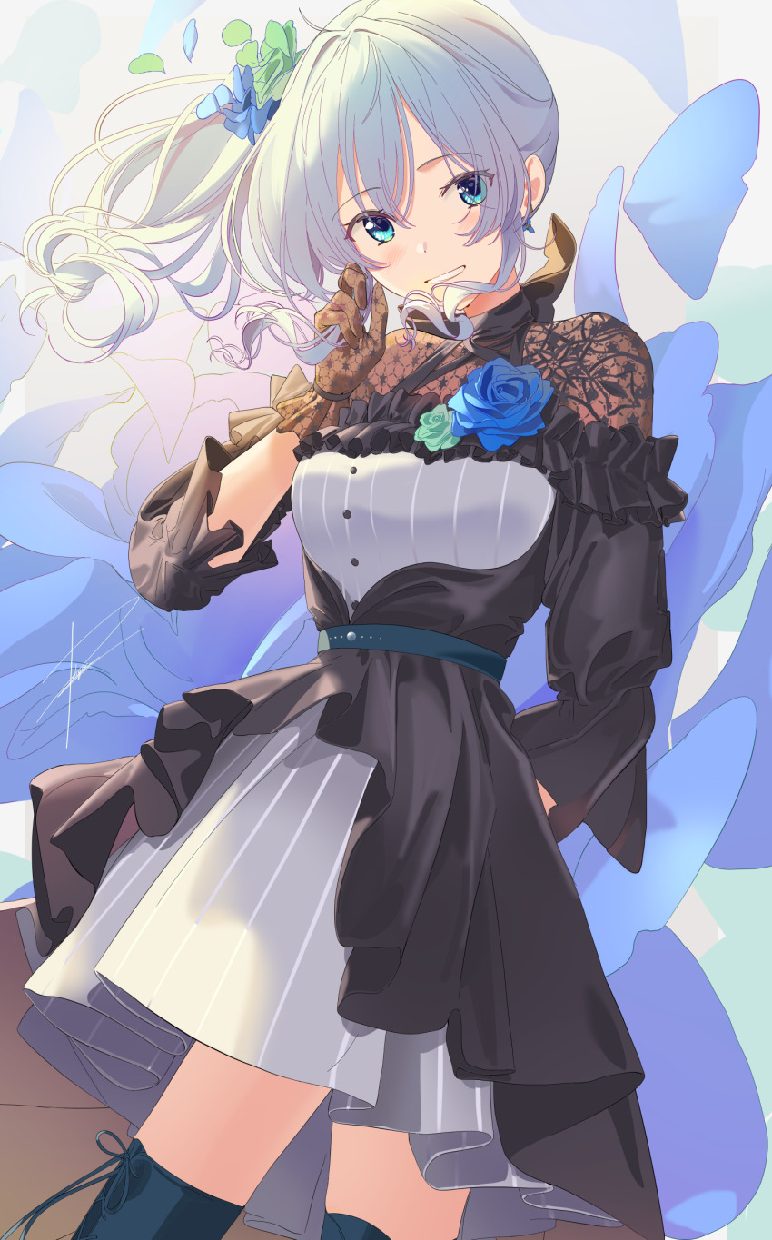 1girl belt black_dress blue_belt blue_eyes blue_flower blue_hair blue_rose blue_scrunchie blush boots breasts cowboy dress falling_petals flower gloves grey_dress hair_between_eyes hand_on_own_cheek hand_on_own_face highres lace lace_gloves large_breasts layered_dress light_blush nijisanji open_clothes parted_lips petals pleated_dress poligon_(046) puffy_short_sleeves puffy_sleeves rose scrunchie short_sleeves side_ponytail skirt smile solo striped_clothes striped_dress teeth thigh_boots vertical-striped_clothes vertical-striped_dress virtual_youtuber western wind yukishiro_mahiro yukishiro_mahiro_(3rd_costume)
