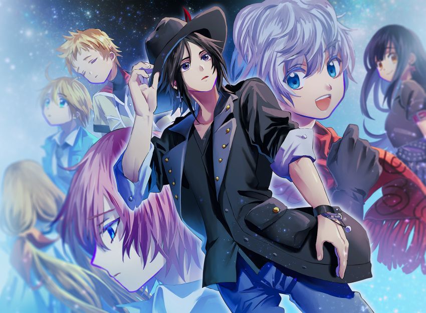3girls 4boys antenna_hair black_eyes black_gloves black_hair black_headwear black_jacket black_necktie black_shirt blonde_hair blue_eyes blue_jacket blue_pants brain_(kingdom_hearts) brother_and_sister buttons closed_mouth collared_shirt commentary_request cowboy_hat elrena ephemer_(kingdom_hearts) closed_eyes floating_hair from_behind gloves green_eyes hair_ribbon hat highres jacket kingdom_hearts kingdom_hearts_x lauriam long_hair looking_at_viewer looking_away maimai_melc medium_hair multiple_boys multiple_girls necktie open_clothes open_jacket orange_hair pants pink_hair pocket pointy_hair red_ribbon red_scarf ribbon scarf shirt short_hair siblings skuld_(kingdom_hearts) sleeping smile straight_hair strelitzia_(kingdom_hearts) ventus_(kingdom_hearts) very_long_hair white_hair white_jacket white_shirt yellow_eyes