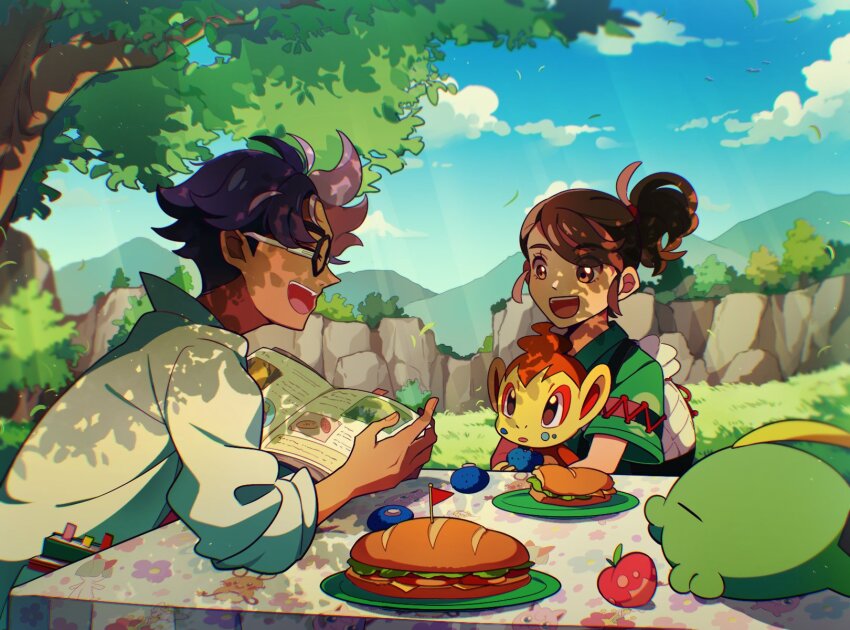 1boy 1girl :d berry_(pokemon) black-framed_eyewear book brown_eyes brown_hair chimchar cloud coat commentary_request day eyelashes falling_leaves food food_on_face game_freak gen_3_pokemon gen_4_pokemon glasses grass green_shirt gulpin highres holding holding_book jacq_(pokemon) juliana_(pokemon) korean_commentary leaf light_rays nintendo open_mouth oran_berry outdoors plate pokemon pokemon_(creature) pokemon_sv sandwich selyg15 shadow shirt short_hair short_sleeves skewer sky smile table teeth tree upper_teeth_only
