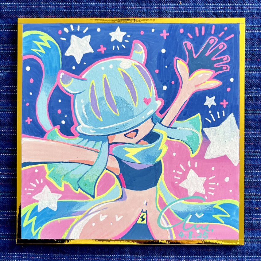 aurola030 belt digimon digimon_(creature) gloves happy heart highres jellyfish_girl lightning_bolt_symbol monster_girl open_mouth pink_nails scarf star_(symbol) tentacles teslajellymon