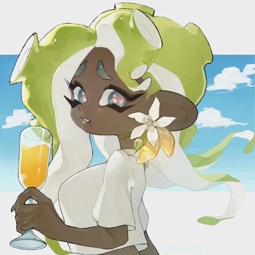 a_a2001214 blue_sky breasts champagne_flute cropped_shirt cup dark-skinned_female dark_skin drinking_glass flower from_side green_eyes green_hair highres long_hair marina_(splatoon) mole mole_under_mouth nintendo octoling shirt sky splatoon_(series) splatoon_2 tentacle_hair thick_eyebrows white_shirt
