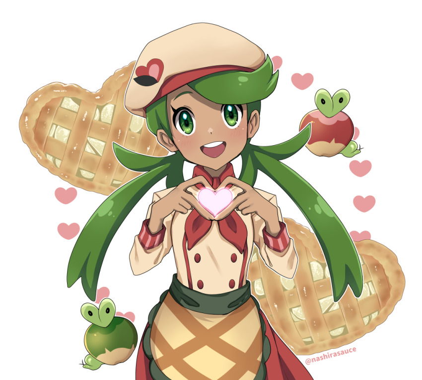 1girl alternate_color applin ascot creatures_(company) dark-skinned_female dark_skin finger_heart food game_freak gen_8_pokemon green_eyes green_hair heart looking_at_viewer mallow_(palentine&#039;s_2023)_(pokemon) mallow_(pokemon) nashirasauce nintendo official_alternate_costume open_mouth pie pokemon pokemon_(creature) pokemon_masters_ex shiny_pokemon simple_background smile tail twintails twitter_username white_background
