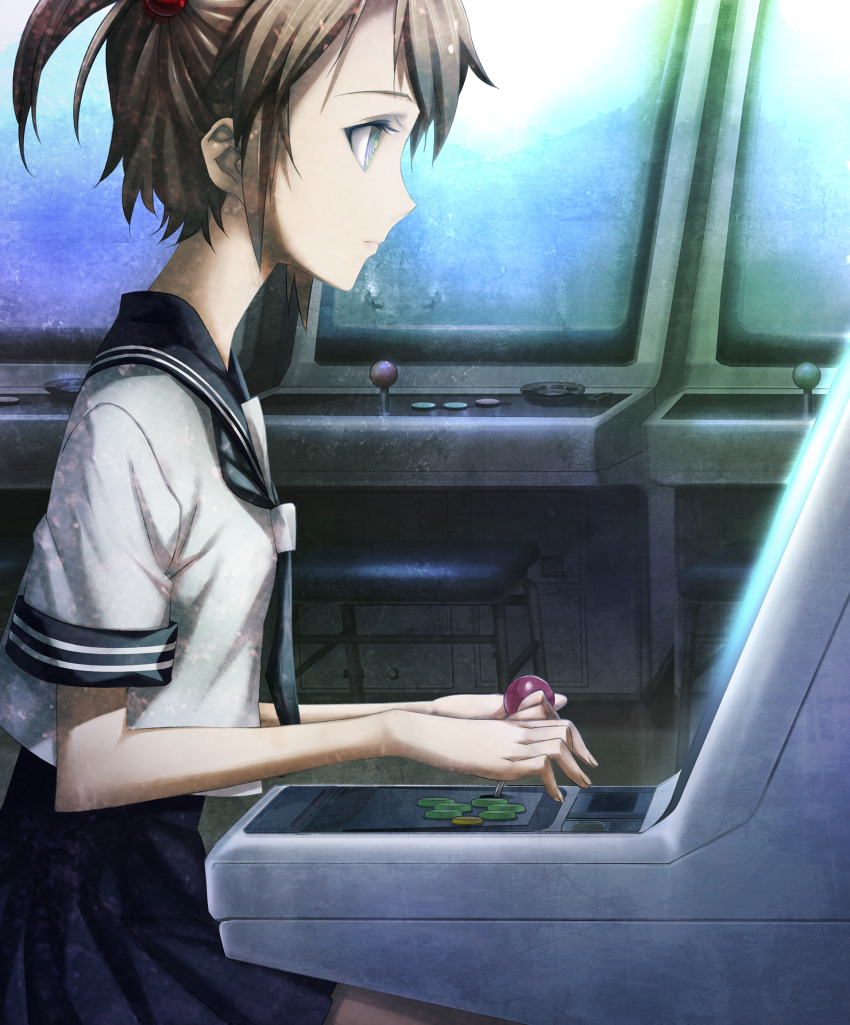 1girl aqua_eyes arcade arcade_cabinet arcade_stick black_neckerchief black_sailor_collar black_sleeves blue_skirt brown_hair child controller cropped_shirt flat_chest game_cg game_controller green_eyes highres huke indoors joystick looking_to_the_side miniskirt neckerchief non-web_source official_art playing_games pleated_skirt ringed_eyes sailor_collar school_uniform screen_light serafuku shirt short_sleeves short_twintails sitting skirt solo square_pupils steins;gate steins;gate:_linear_bounded_phenogram tennouji_nae thighs twintails video_game white_shirt