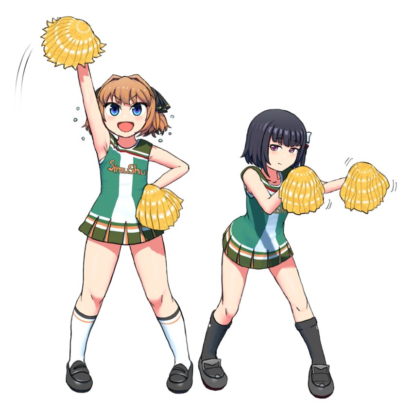 2girls black_hair black_ribbon black_socks blue_eyes brown_hair cheerleader commentary dontbuffthepuff dress full_body green_dress hachijou_(kancolle) hair_ribbon highres holding holding_pom_poms ishigaki_(kancolle) kantai_collection multicolored_dress multiple_girls pom_pom_(cheerleading) pom_poms red_eyes ribbon short_hair simple_background sleeveless sleeveless_dress socks white_background white_ribbon white_socks