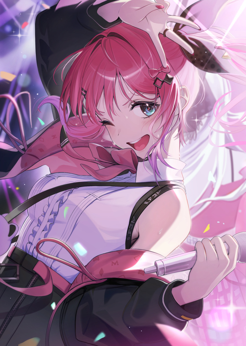 1girl black_jacket blue_eyes blush bow breasts confetti glint hair_bow hair_intakes hair_ornament hairclip highres holding holding_microphone jacket kuramochi_meruto kuramochi_meruto_(1st_costume) looking_at_viewer medium_breasts microphone nijisanji one_eye_closed open_mouth pink_hair side_ponytail smile solo sparkle sweat torianco3 virtual_youtuber w