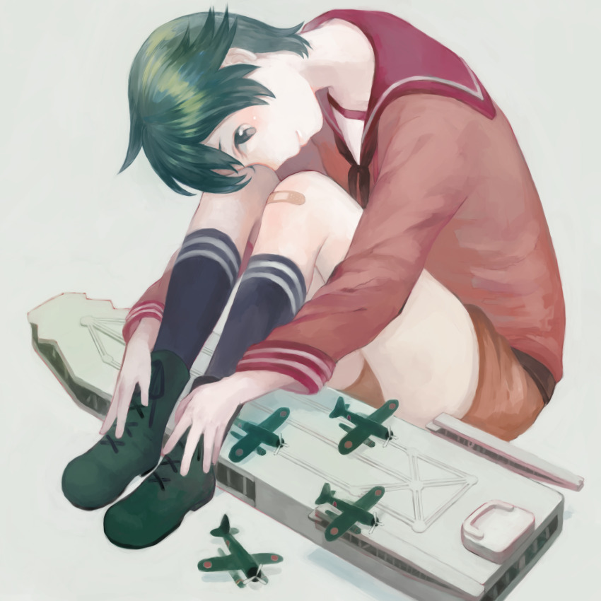 1girl ahoge bandaid bandaid_on_knee bandaid_on_leg black_eyes black_socks boots brown_shorts commentary_request e16a_zuiun flight_deck full_body green_boots green_hair grey_background hair_between_eyes hair_flaps hands_on_own_feet highres kantai_collection karamomo kneehighs knees_up long_sleeves looking_at_viewer mogami_(kancolle) neckerchief profile red_neckerchief red_sailor_collar red_shirt sailor_collar shirt short_hair short_shorts shorts sidelocks simple_background sitting socks solo