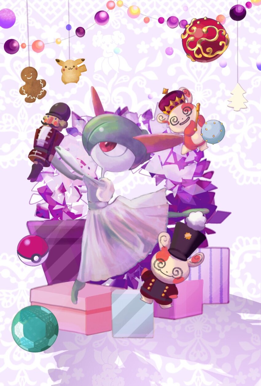 christmas christmas_ornaments clothed_pokemon colored_skin dress gen_1_pokemon gen_3_pokemon gift gingerbread_man green_hair green_skin hat highres horns kirlia multicolored_skin mxlaghrsuk33yws nintendo nutcracker pikachu pink_eyes poke_ball poke_ball_(basic) pokemon pokemon_(creature) shako_cap spinda the_nutcracker two-tone_fur two-tone_skin white_dress white_skin