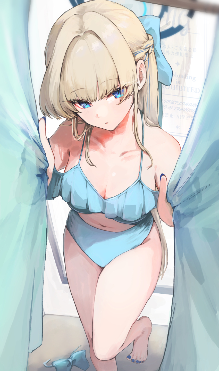 1girl absurdres alternate_costume aqua_bow aqua_bowtie bikini blonde_hair blue_archive blue_bikini blue_hair blue_halo bow bowtie braid breasts commentary_request curtain_grab curtains frilled_bikini frills hair_bow half_up_braid halo highres koyuuuuuuuuuuu long_hair looking_at_viewer medium_breasts nail_polish standing standing_on_one_leg swimsuit thighs toki_(blue_archive)