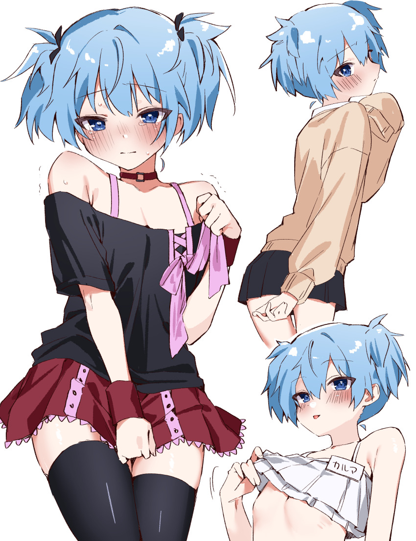 1boy absurdres ansatsu_kyoushitsu bikini black_shirt black_skirt black_thighhighs blue_eyes blue_hair blush bow cardigan choker closed_mouth clothes_lift commentary_request crossdressing frilled_bikini frills highres ia_1928 kunugigaoka_middle_school_uniform lifting_own_clothes male_focus miniskirt off-shoulder_shirt off_shoulder partial_commentary pectoral_cleavage pectorals pink_bow pleated_skirt red_choker red_skirt school_uniform shiota_nagisa shirt shirt_lift short_hair short_sleeves short_twintails skirt skirt_tug swimsuit thighhighs tongue tongue_out trap tsurime twintails white_background white_bikini wristband yellow_cardigan zettai_ryouiki