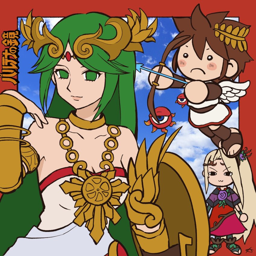 1boy 2girls angel angel_wings arrow_(projectile) blonde_hair bow_(weapon) breasts brown_hair chain chibi circlet cleavage collarbone diadem dress flower gold_chain green_eyes green_hair hair_flower hair_ornament highres karen_(karenoni1031) kid_icarus kid_icarus_uprising laurel_crown monoeye multiple_girls nintendo palutena pit_(kid_icarus) red_dress shield tentacles viridi weapon wings