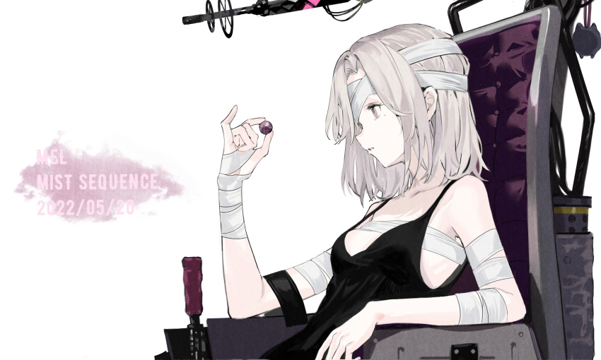 1girl bandaged_arm bandaged_hand bandaged_head bandages bare_shoulders black_dress brown_hair cable charm_(object) collarbone dress eyelashes fingernails grey_background gun highres holding light_brown_hair long_eyelashes marble_(toy) medium_hair mist_sequence mole mole_under_mouth nail_polish open_mouth orb pink_nails purple_eyes simple_background sitting solo teeth tongue upper_teeth_only weapon wire xiao_chichi