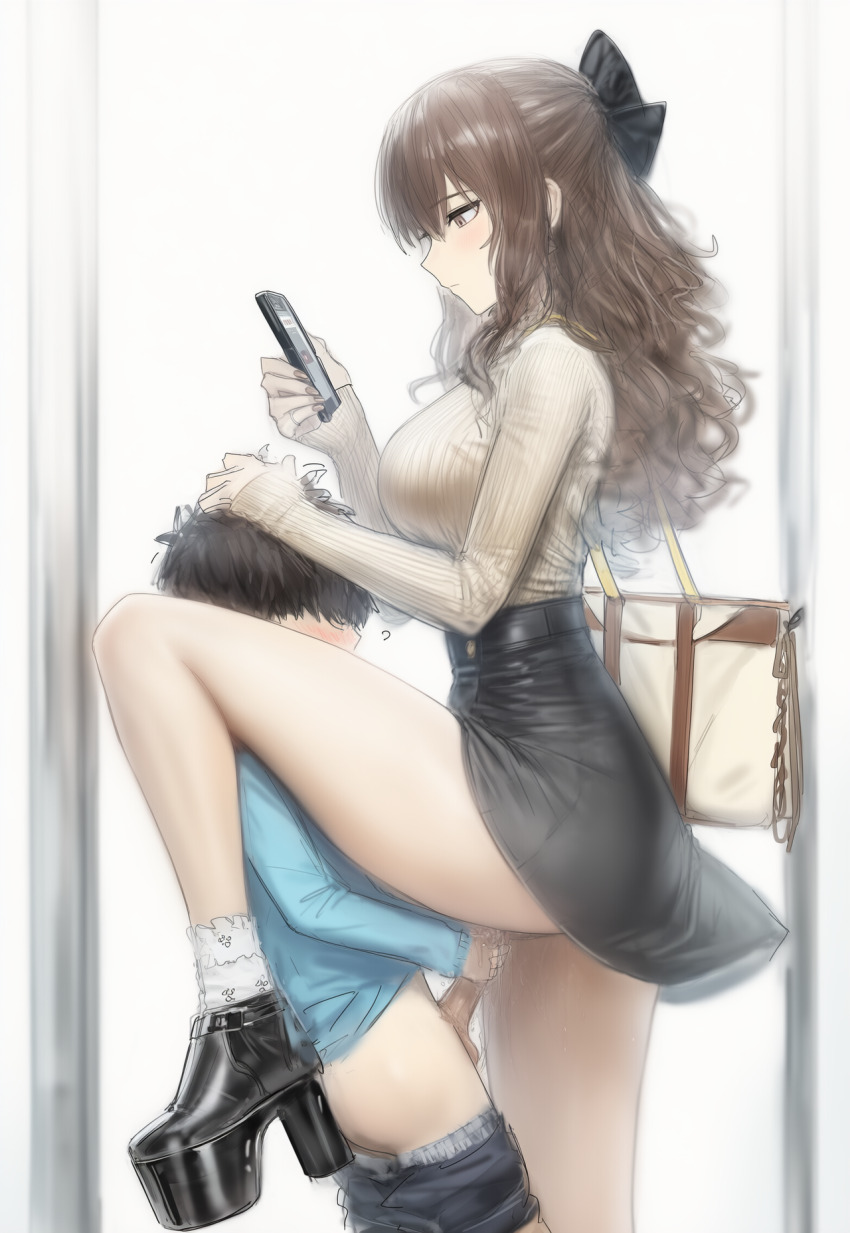 1boy 1girl age_difference ai-generated ass blush breasts brown_eyes brown_hair clothed_sex earrings hand_on_another&#039;s_head handjob highres holding holding_phone huge_breasts jewelry kikyou_(pixiv_id_119329424) long_hair masturbation onee-shota open_mouth original penis phone piercing sex short_hair shota size_difference testicles