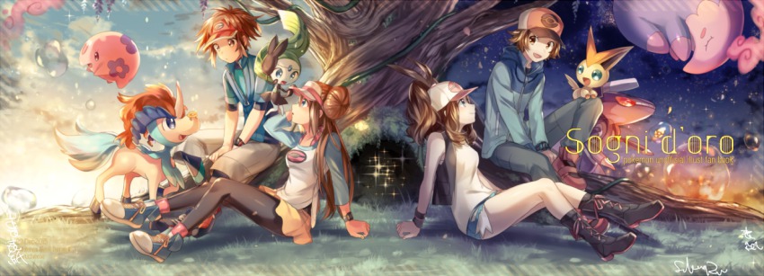 10s 2boys 2girls arm_support bad_id bad_pixiv_id bare_legs baseball_cap black_legwear blue_eyes blue_sky boots brown_eyes brown_hair copyright_name cover denim denim_shorts double_bun gen_5_pokemon genesect hair_bun hat high_ponytail hilbert_(pokemon) hilda_(pokemon) jacket keldeo keldeo_(ordinary) legendary_pokemon long_hair meloetta meloetta_(aria) multiple_boys multiple_girls munna musharna mythical_pokemon naru_(andante) nate_(pokemon) night night_sky nintendo outdoors pantyhose pantyhose_under_shorts pokemon pokemon_(creature) pokemon_bw pokemon_bw2 ponytail raglan_sleeves rosa_(pokemon) shoes short_hair shorts signature sky smile sneakers symmetry tree twintails under_tree very_long_hair victini visor_cap watch wristband wristwatch