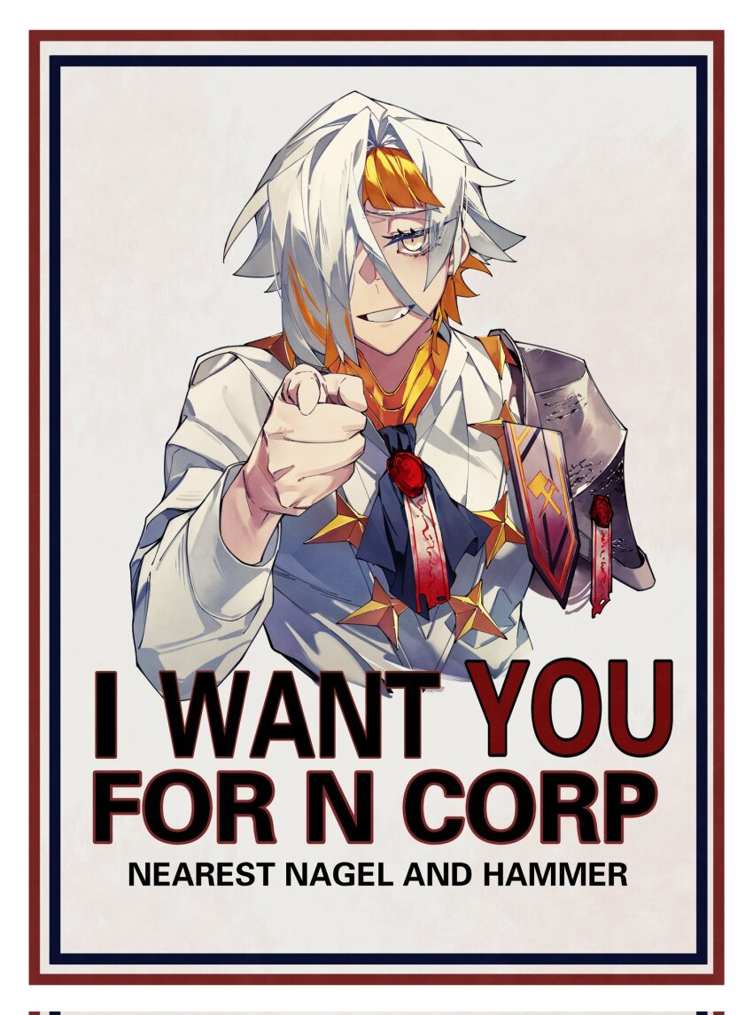 1girl ascot black_ascot blonde_hair commentary english_commentary hair_over_one_eye highres i_want_you kromer_(project_moon) limbus_company multicolored_hair pointing pointing_at_viewer project_moon sharp_teeth short_hair shouzuo simple_background smile solo teeth two-tone_hair uncle_sam upper_body white_background white_hair yellow_eyes
