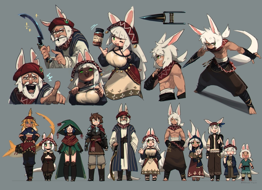 +++ 5boys 6+girls abs absurdres animal_ears armor balancing beard blonde_hair blue_hair breastplate brown_hair reference_sheet child commentary dagger english_commentary facial_hair fantasy fins fish_tail full_body glasses green_eyes hands_on_own_hips hat height_difference highres jamadhar khopesh knife looking_at_viewer multiple_boys multiple_girls old old_man original pointing poncho porforever rabbit_ears round_eyewear sash scarf shark_girl shark_tail sharp_teeth standing tail teeth toddler weapon white_hair witch_hat