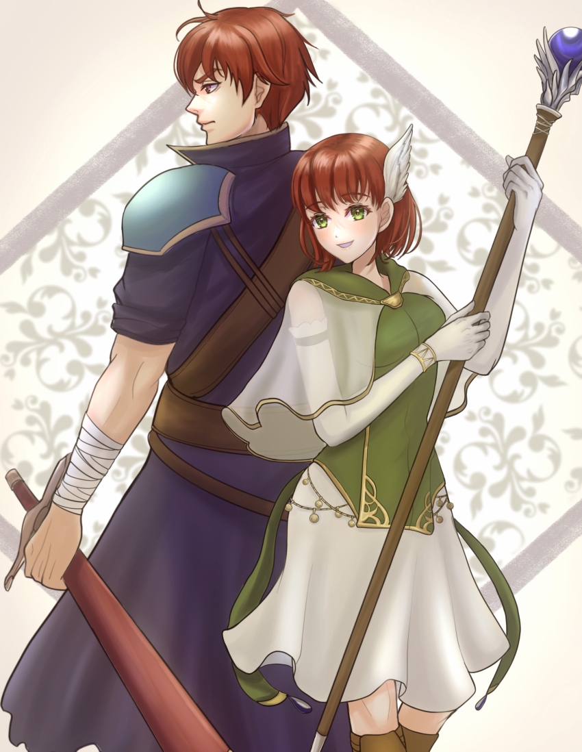 1boy 1girl absurdres armor bandaged_arm bandages boots brother_and_sister brown_footwear closed_mouth dress fire_emblem fire_emblem:_the_blazing_blade green_dress green_eyes hair_ornament highres holding holding_staff holding_sword holding_weapon knee_boots kousetu0506 light_blush nintendo parted_lips priscilla_(fire_emblem) raven_(fire_emblem) red_hair sheath sheathed short_hair shoulder_armor siblings staff sword two-tone_dress weapon white_dress wing_hair_ornament