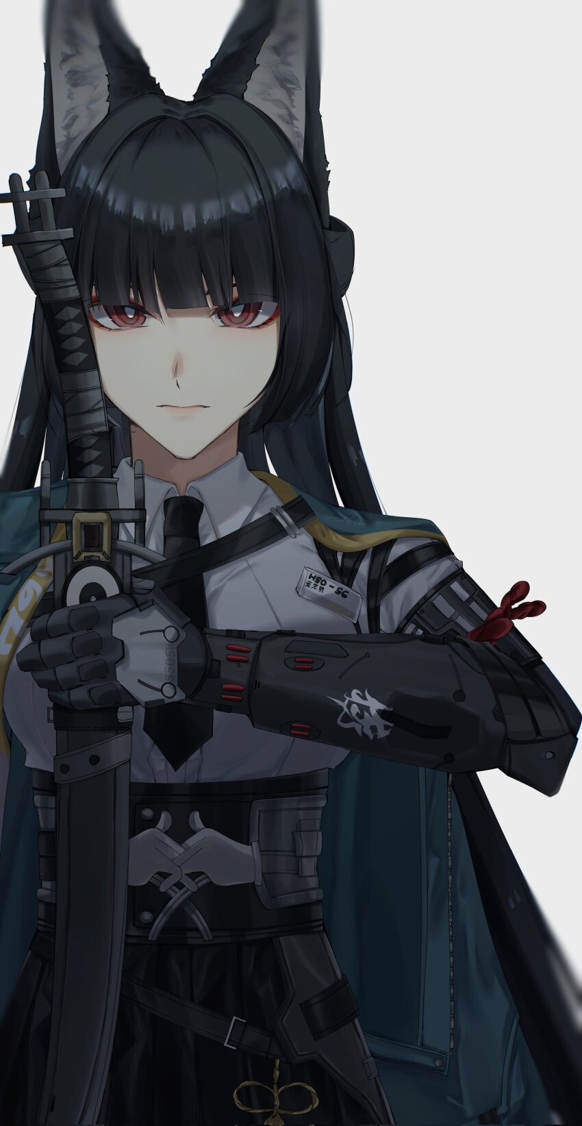 1girl 4reiji absurdres animal_ear_fluff animal_ears black_hair black_necktie black_sash black_skirt blunt_bangs blunt_sidelocks breasts bright_pupils closed_mouth collared_shirt commentary cowboy_shot eyeliner fox_ears fox_girl green_jacket hashtag-only_commentary highres holding holding_sword holding_weapon hoshimi_miyabi jacket large_breasts long_hair looking_at_viewer makeup necktie prosthesis prosthetic_arm red_eyeliner red_eyes sash shirt skirt solo sword weapon white_pupils white_shirt zenless_zone_zero