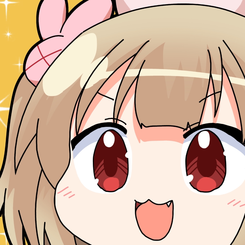 1girl :3 brown_hair close-up commentary fang hair_ornament hat highres mikazuki_neko natori_sana natori_sana_(nurse) nurse_cap rabbit_hair_ornament red_eyes sana_channel solo sparkle_background two_side_up virtual_youtuber yellow_background