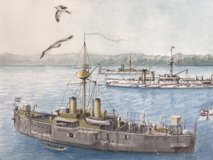atelier_bono bird cannon highres ironclad military_vehicle no_humans ocean original painting_(medium) port seagull ship sky smokestack sms_oldenburg_(1884) traditional_media vehicle_focus warship watercolor_(medium) watercraft
