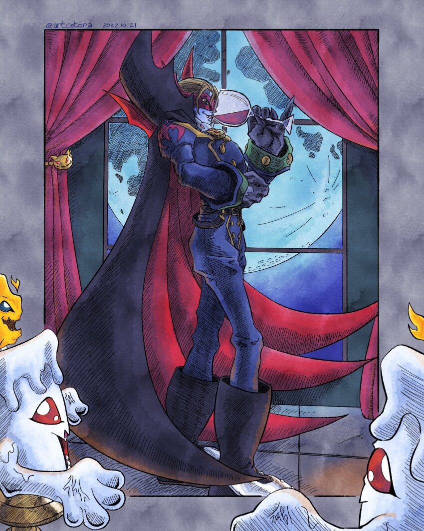artcetona candle candmon cape curtains digimon digimon_(creature) fire full_moon highres indoors mask moon red_wine vamdemon vampire window wine