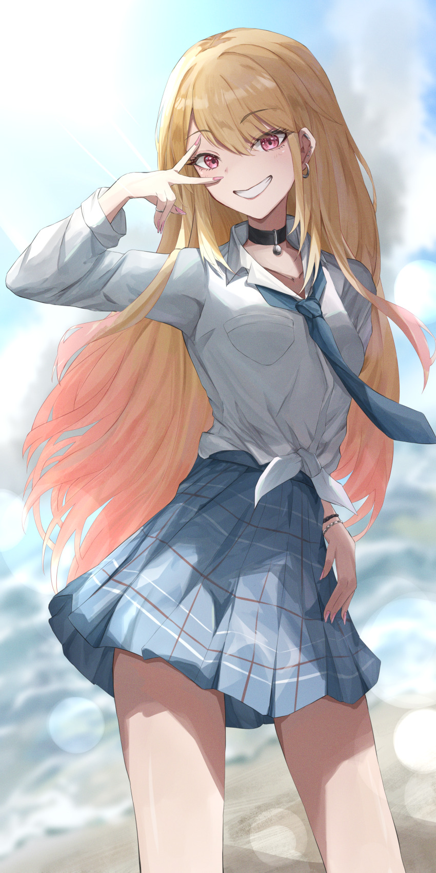 1girl absurdres achun barbell_piercing beach black_choker blonde_hair blue_necktie blue_skirt bracelet choker collared_shirt colored_tips commentary day ear_piercing earrings grin highres hoop_earrings horizon jewelry kitagawa_marin lens_flare long_hair long_sleeves looking_at_viewer multicolored_hair multiple_bracelets nail_polish necktie ocean outdoors piercing pink_eyes pink_nails pleated_skirt school_uniform shirt shore skirt sky smile solo sono_bisque_doll_wa_koi_wo_suru standing summer_uniform tied_shirt v v_over_eye white_shirt
