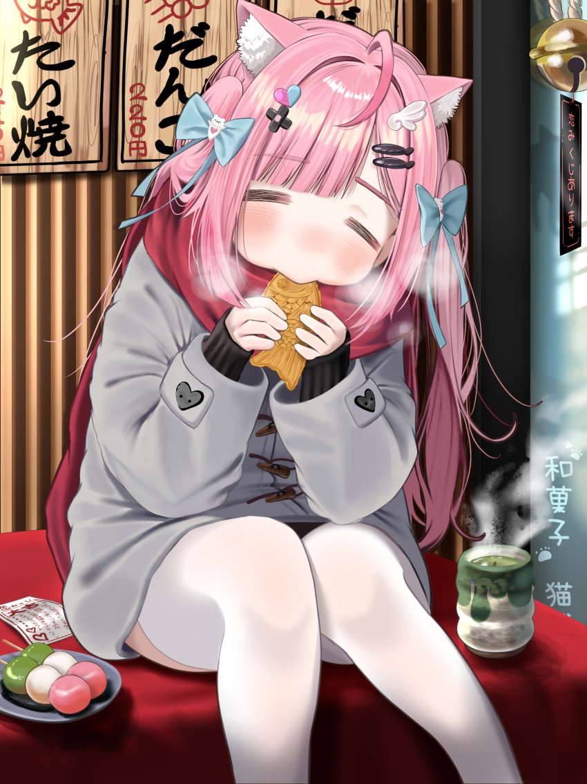 1girl =_= absurdres ahoge animal_ears bandaid bandaid_hair_ornament bell black_sweater blue_bow blush bow breath cat_ears cat_girl closed_eyes coat crossed_bandaids cup dango duffel_coat eating enpera fish_hair_ornament food ghost_hair_ornament green_tea grey_jacket hair_bow hair_ornament hairclip heart heart_hair_ornament highres holding holding_food indie_virtual_youtuber jacket jingle_bell long_hair long_sleeves pink_hair pink_scarf plate sahochan_(mtxz4584) scarf sitting solo sweater taiyaki tea thighhighs thighs translation_request virtual_youtuber wagashi white_thighhighs wing_hair_ornament yunomi yuuki_sakuna